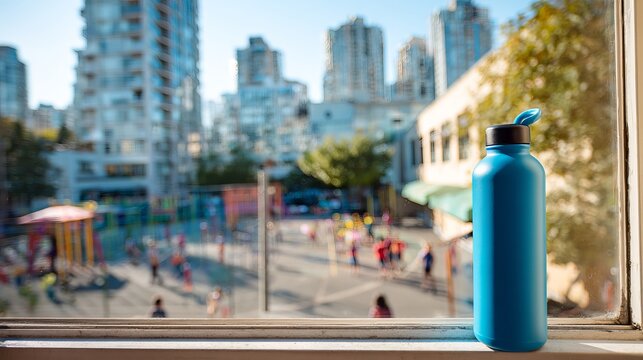 Close-up of blue water bottle on classroom windowsill with children playing in school yard and urban buildings background