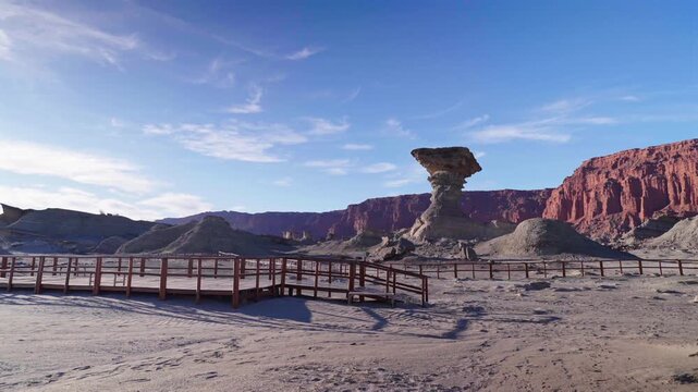 Slow Pan of El Hongo Mushroom Rock Formation in Ischigualasto Provincial Park Argentina