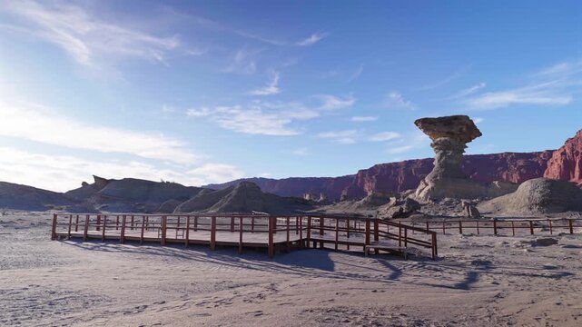 El Hongo rises above the desert landscape beside the viewing boardwalk in Ischigualasto Provincial Park, San Juan, Argentina, showcasing spectacular geological erosion and arid badlands, static shot.
