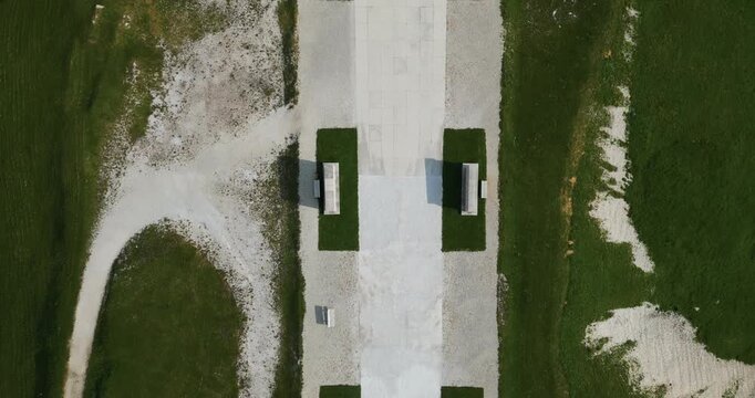 Flying Above Pathway Towards Military Memorial Of Monte Grappa In Veneto, Italy. topdown drone shot