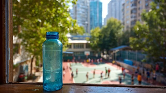 Close-up of blue water bottle on classroom windowsill with children playing in school yard and urban buildings background