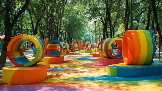 Colorful children playground activities in a public park with swings, slides and outdoor play area