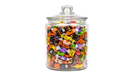 Halloween candy in glass jar, colorful trick or treat sweets in transparent container, festive orange and purple sugar confectionery isolated PNG with Transparent Background