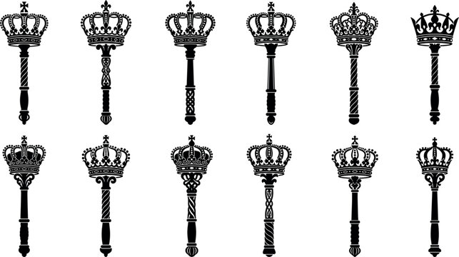 Royal scepter and mace collection featuring detailed black silhouettes with majestic crown tops for monarchy or heraldic design elements
