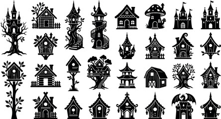 Fantasy fairy tale house collection featuring black silhouettes of wizard towers magic castles mushroom cottages and wooden birdhouse garden vectors © MstAduri