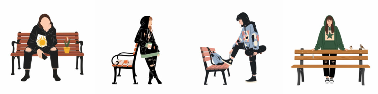 Set of diverse illustrations featuring teenage girls in stylish hoodies sitting, leaning, and standing by park benches in urban streetwear style.