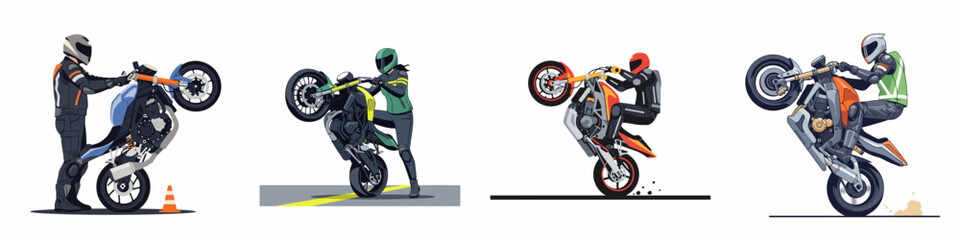 A collection of illustrations featuring motorcyclists performing wheelies and stunts, showcasing extreme motorcycle sport skills and acrobatic maneuvers. © Slamet