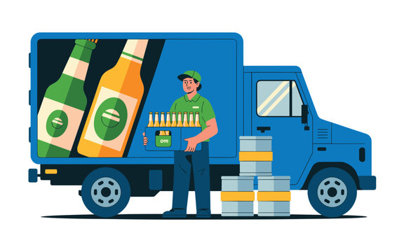Man delivering drinks and beer in a truck on the street