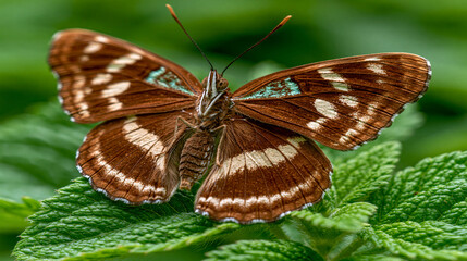 Naklejka premium Detailed close up of a brown butterfly perched on green foliage with butterfly, wildlife