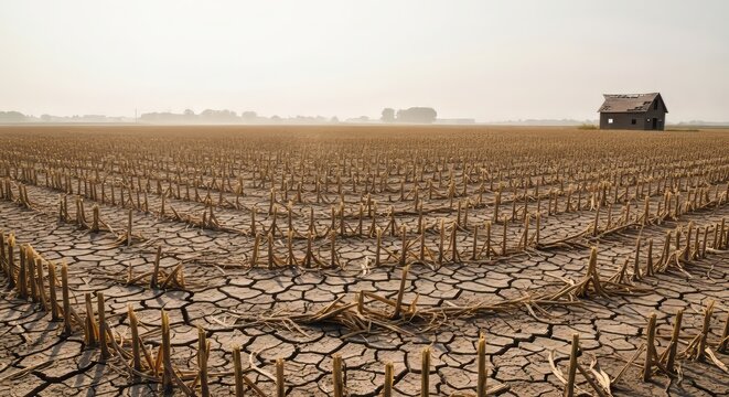 Drought Landscape With Cracked Dry Earth and Climate Change Impact Concept