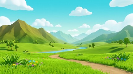 Fototapeta premium Bright Cartoon Mountain Valley Landscape with Green Grass Field Blue Sky and Fluffy Clouds for Cheerful Nature Background Design