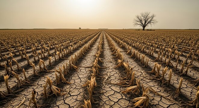 Drought Landscape With Cracked Dry Earth and Climate Change Impact Concept