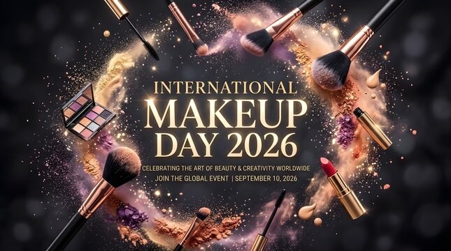 International Make Up day 2026 Banner poster  Dark luxury makeup banner with brushes lipstick and gold text