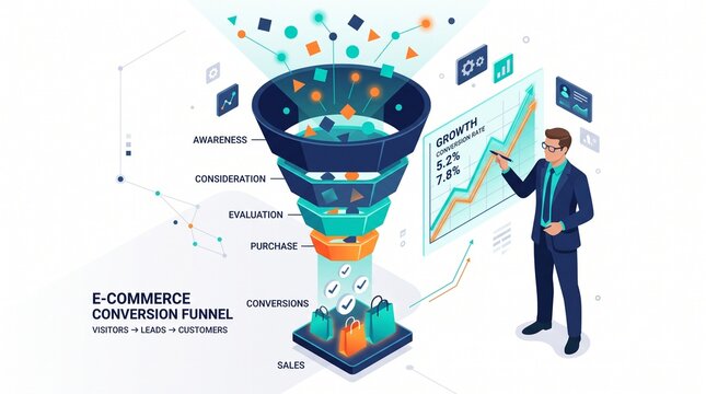 Professional analyzing e commerce conversion funnel stages with sales growth metrics with paired performance metrics digital analytics tools