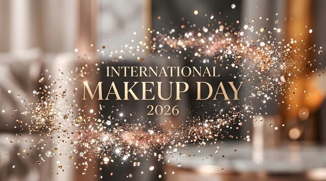 International Make Up day 2026 Banner poster  Gold and silver glitter particles suspended in soft bokeh light