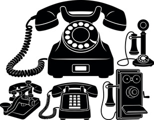Vintage telephone history collection featuring black silhouettes of classic rotary dial phones antique candlesticks push button sets and telegraph keys © MstAduri