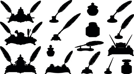Antique calligraphy quill and inkpot desk set featuring detailed black silhouettes of traditional vintage feather pens and inkwells © MstAduri