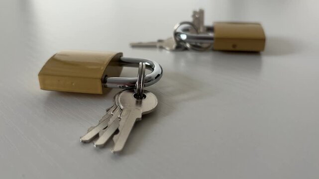 Close Up Of Brass Padlocks And Keys On White Table For Security And Protection