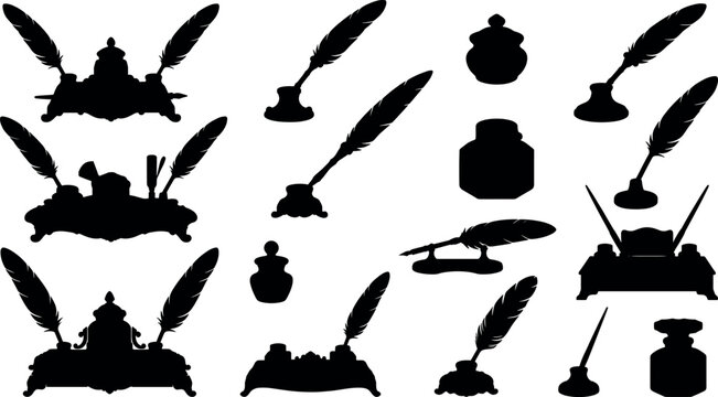 Antique calligraphy quill and inkpot desk set featuring detailed black silhouettes of traditional vintage feather pens and inkwells