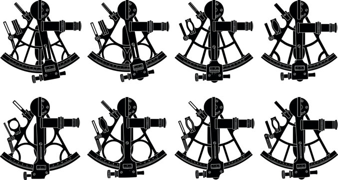 Vintage nautical sextant collection featuring detailed black silhouettes of antique maritime navigation instruments for seafaring adventure design vectors