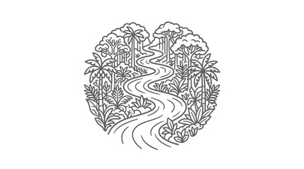 Obraz premium Elegant Black and White Line Drawing of Tropical Forest Pathway with Curving Trails and Lush Vegetation