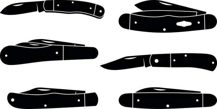 Vintage folding pocket knife collection featuring black silhouettes of classic jackknives and multi blade utility tools for outdoor survival themes
