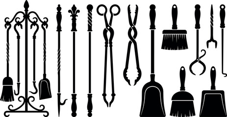 Vintage fireplace tool collection featuring detailed black silhouettes of antique log tongs poker iron shovels and hearth companion stand sets © MstAduri