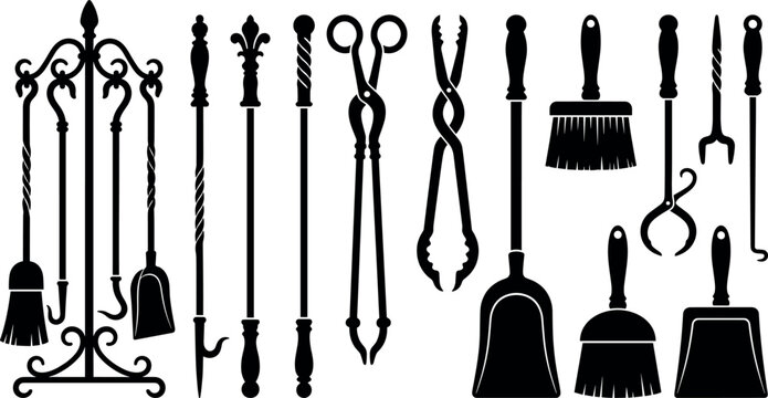 Vintage fireplace tool collection featuring detailed black silhouettes of antique log tongs poker iron shovels and hearth companion stand sets