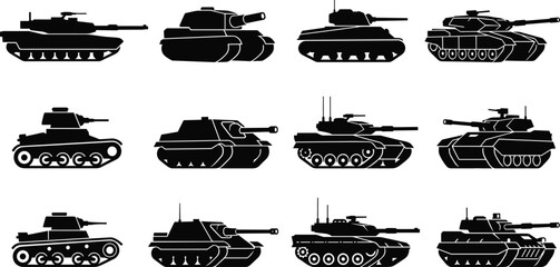 Collection of twelve different military tank silhouettes in black and white format © Md