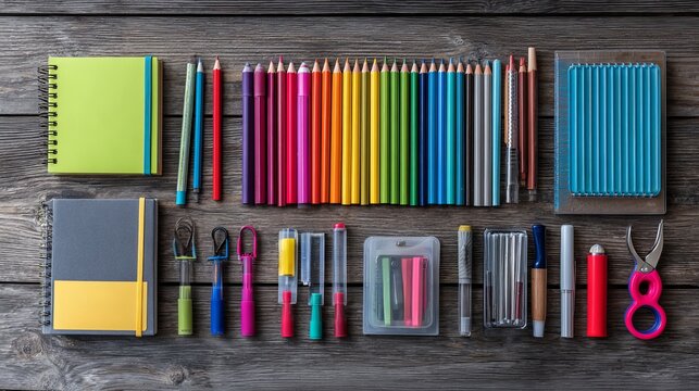 Colorful school supplies arranged on wooden table for back to school education