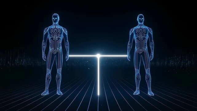 Two holographic figures facing glowing vertical scanner in dark room, biometric outlines and skeletal projections displayed with measurement beam between subjects, identity comparison