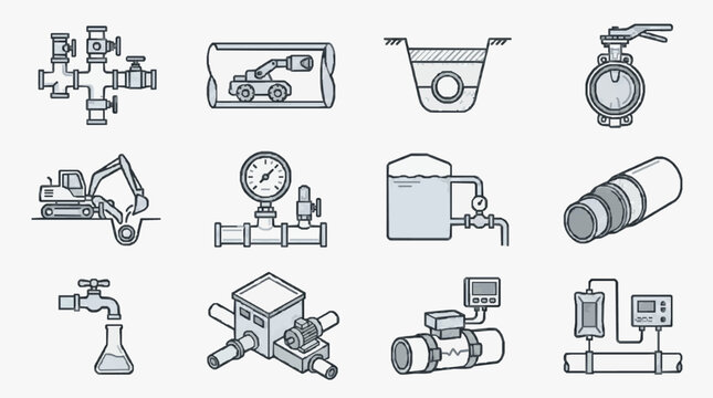 Dynamic Illustrated Collection of Industrial Plumbing and Fluid Handling Equipment in Monochrome Sketch Style