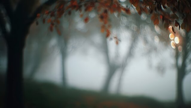 Misty Forest Scene with Autumn Trees and Fog.