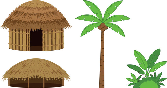 Tropical Village Straw Hut and Palm Tree Vector Element Set with Indigenous Bamboo Shack Oca and Banana Bush Graphics