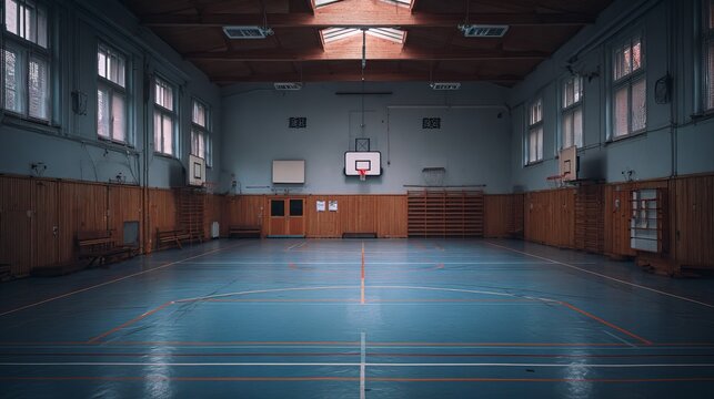 Empty european school gymnasium for football basketball and handball sports training with indoor court and physical education facility