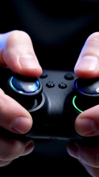 Closeup hands on controller intense pro play, thumb poised on illuminated analog stick, reflected surface, cool blue studio lighting, focused grip, rapid reflexes, competitive energy,