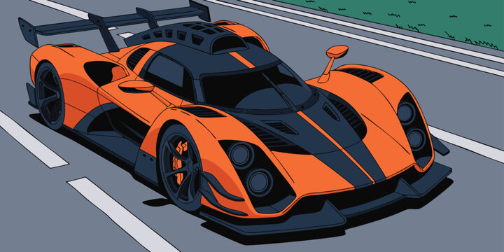 Stylized vector art illustration of a sleek orange and blue race car on a track