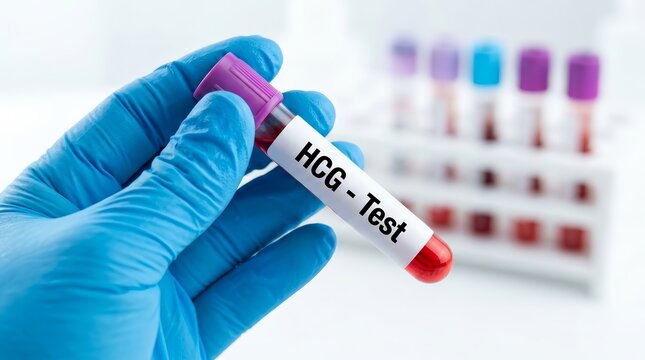 Doctor holding an HCG blood test tube to explain pregnancy detection and hormone level measurement.