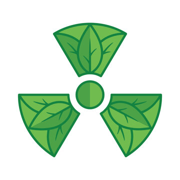Green radiation trefoil symbol with leaves representing clean energy and ecology