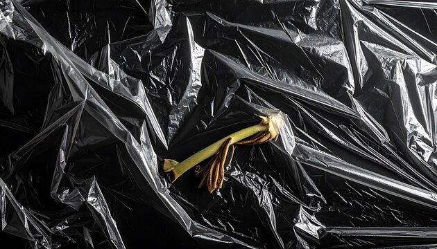 Isolated green sprout with golden tip emerging from crinkled black plastic sheeting, symbolizing growth and new beginnings in a textured environment.