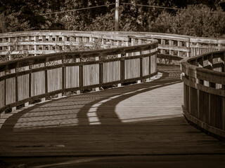 Fototapeta premium Curved wooden boardwalk bridge path with dramatic shadows cast by safety handrails in sepia tone