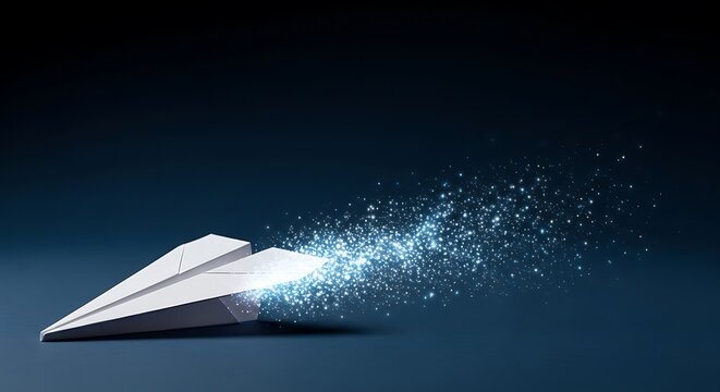 A paper airplane with sparkling trail streaks across dark blue gradient