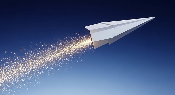 A paper airplane with a golden trail against a blue gradient sky