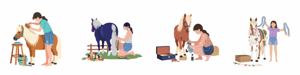 Fototapeta premium Set of illustrations showing young girls grooming and caring for their miniature horses and ponies, featuring activities like brushing, braiding, and hoof cleaning.
