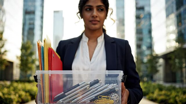 Serious Businesswoman Walking Away from Office Building Carrying Personal Belongings in Clear Box
