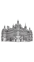Obraz premium Detailed Historic Building Line Drawing Centered on White Background