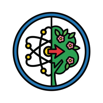 Conceptual icon of science and nature showing an atom transforming into a flowering tree