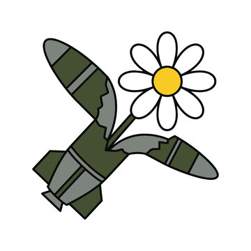 Cartoon illustration of a daisy flower growing from a broken military rocket