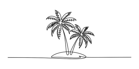 Two palm trees on a small tropical island drawn with a single continuous black line art style simple design for summer vacation and holiday travel themes Vector, illustration © Raj Creator