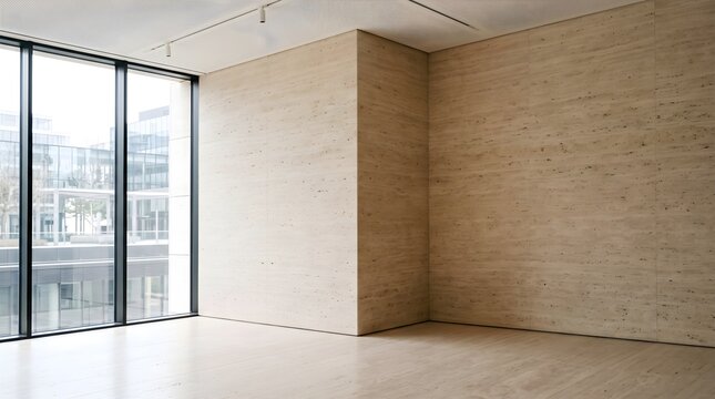 Modern empty office room interior with luxury beige travertine stone wall and big windows
